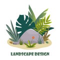 Landscape design composition with plant and stones. Cute floral composition for greeting card, banner, flyer, app, website on Royalty Free Stock Photo