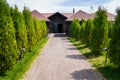 landscape design of a country house. path lined with tiles, tui grow along