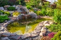 Landscape Design Of Home Garden Close-up. Beautiful Landscaping With Small Pond And Waterfall