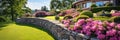 Landscape design of home garden with retaining wall, panoramic banner