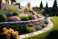 Landscape design of home garden, A stunning landscape design of a home garden, featuring stone retaining walls and beautifully