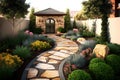 Landscape design of home garden, A beautifully designed landscape of a home garden, featuring a tiled walkway and stone retaining