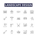 Landscape design line vector icons and signs. Landscape, Hardscape, Planting, Patio, Deck, Lighting, Pathway, Shrubbery