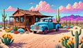 Landscape design shack house old pickup hot desert lifestyle Royalty Free Stock Photo