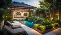 Landscape design of a small plot with a swimming pool and a Balinese-style house, Dream garden