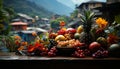 Landscape different fruits, as pineapples, red grapes, apples and other fruits, with houses and mountains at background