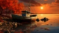 fishing boat close to the shore with autumn colors and orange sunset