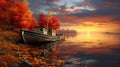 fishing boat close to the shore with autumn colors and orange sunset