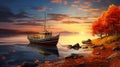 fishing boat close to the shore with autumn colors and orange sunset