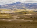 Landscape with dirt winding road in Cotopaxi volcano national park, Ecuador