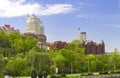 Landscape of the Dnipro city, view of the buildings, skyscrapers and park from the Monastery Island, Ukraine Royalty Free Stock Photo