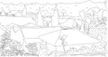 landscape doodle countryside hand drawing village line art with farm and housing coloring page template