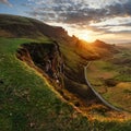 Landscape - Dramatic sunrise sky over the Quiraing hills on the Trotternish peninsula on the Isle of Skye in the Highlands of Royalty Free Stock Photo