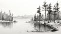 Serene Black And White Sketch Of Pine Trees By The Lake