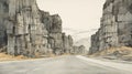 Monumental Ink Painting: Empty Road Between Rocks In Whistlerian Style