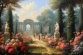 landscape drawing luxury garden arch wall and trees vintage shaded oil painting for wall