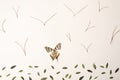 Landscape drawing with natural elements, leaves, butterfly wings and pinnace Royalty Free Stock Photo