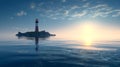 Landscape of dreamy blue sky blue water and a lighthouse beacon, reflection at the water