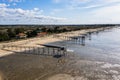 Landscape from a drone on a fishing hut by the Atlantic Ocean in France. Cabane de peche in France