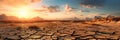 Landscape of dry cracked land at sunset, drought panoramic view. Scenery of wasteland, deserted earth. Concept of soil, ground,