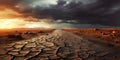 Landscape of dry cracked road at sunset, drought panoramic perspective view. Scenery of wasteland, deserted earth. Concept of soil