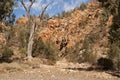 Landscape of dry riverbed with red hills of vertically layered rock Royalty Free Stock Photo