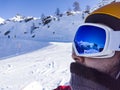 Landscape of the dufourspitze reflected on a skier mask Royalty Free Stock Photo