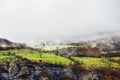 Dreamy landscape of early spring misty meadow and forest after rain