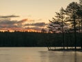 Landscape with early sunrise by the lake, heaven sky, black tree silhouettes Royalty Free Stock Photo