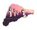 The landscape of Easter island with the famous sculptures at sunset in the form of a map of Easter island Royalty Free Stock Photo