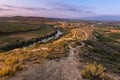 Landscape with Ebro river at sunrise, El Cortijo, La Rioja in Spain