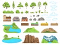 Landscape elements constructor. Natural compatible objects, mountains or clouds, soil types and stones. Plants of