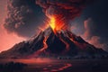 Landscape with erupting volcano, natural disaster. Generative AI