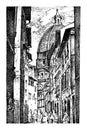 Landscape in European town Florence in Italy . engraved hand drawn in old sketch and vintage style. historical