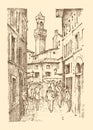 Landscape in European town Florence in Italy. engraved hand drawn in old sketch and vintage style. historical Royalty Free Stock Photo