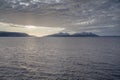 Landscape with ever lasting sun hidded by clouds, near the northern part of Ullsfjord, Norway