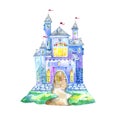 Landscape of fairy castle. Watercolor hand drawn illustration. Royalty Free Stock Photo