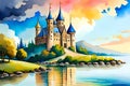 Landscape with fairytale castle on the shores of lake