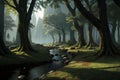 landscape of a fantastic elven forest, desktop background, AI generate