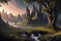 landscape of a fantastic elven forest, desktop background, AI generate