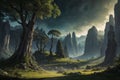 landscape of a fantastic elven forest, desktop background, AI generate