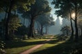 landscape of a fantastic elven forest, desktop background, AI generate