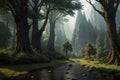 landscape of a fantastic elven forest, desktop background, AI generate