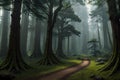 landscape of a fantastic elven forest, desktop background, AI generate