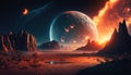 Landscape in fantasy alien planet with flaming moon and galaxy background. Generative Ai