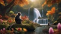 landscape Fantasy waterfall of life, with a landscape of exotic trees and flowers, with a monkey