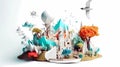 Landscape of fantasy whimsical island with forest and mountains, hot air balloon over the sea, paper craft art or Royalty Free Stock Photo