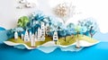 Landscape of fantasy whimsical island with forest and mountains, hot air balloon over the sea, paper craft art or Royalty Free Stock Photo