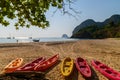 landscape of Farang Beach or Charlie Beach, there are canoes on the sandy beach on Koh Muk, Trang Province Royalty Free Stock Photo