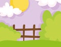 Landscape farm wooden fence bush clouds sun